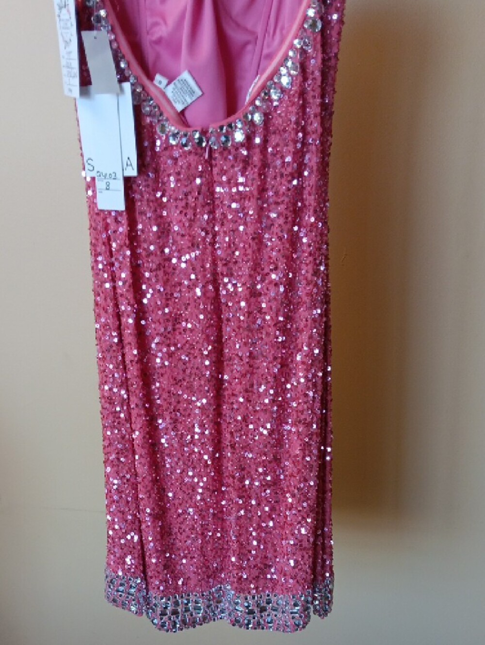 Scala Pink Sequin Slip Dress with Jeweled Neckline, Vintage, Size 8, BEAUTIFUL - Picture 5 of 16